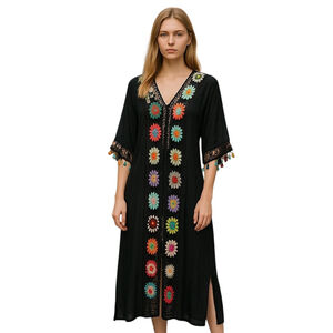 Odiva Long Flower Kimono Cardigan Colorful Crochet Tassel Vacation Boho Beach